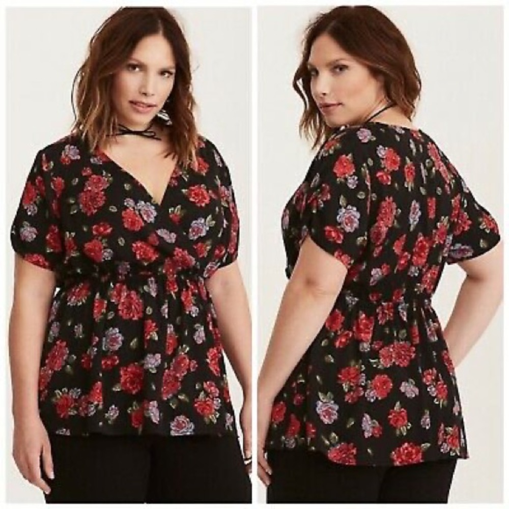 Torrid black rose print faux-wrap top size 1 14-16